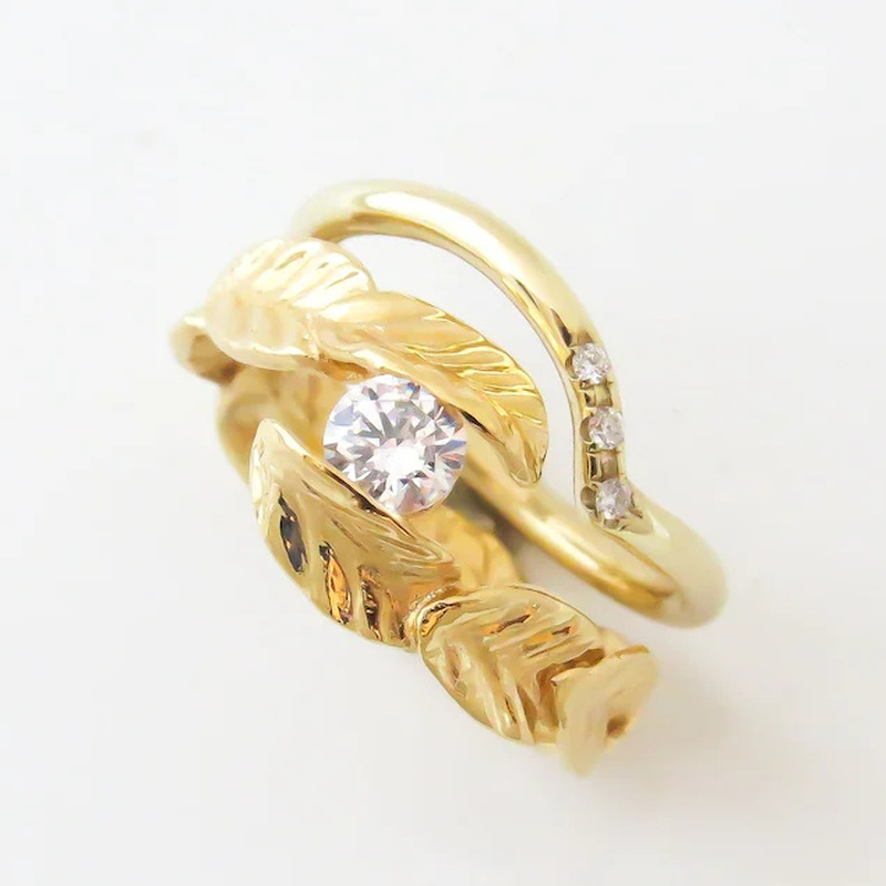 Unisex Leaf Engagement & Wedding Ring Set, 2pcs